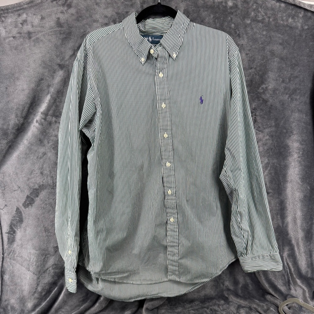 Ralph Lauren Green & White Stripe Custom Fit Button Down Long Sleeve Shirt XL